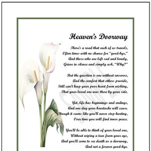 Heaven&#39;s Doorway,  Sympathy Poem, Loss of Son, Loss of Daughter, Suicide,  Memorial Poem, Funeral Gift, Son Suicide,  Daughter Memorial,