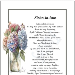 Sister- In- Law Poem Print Verse Saying Thank-you Gift Present,  DIGITAL DOWNLOAD, Sister- in- Law 40th 50th 60th 70th  Birthday Present