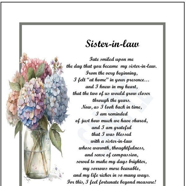 Sister- In- Law Poem Print Verse Saying Thank-you Gift Present,  DIGITAL DOWNLOAD, Sister- in- Law 40th 50th 60th 70th  Birthday Present