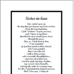 Sister In Law Poem, DIGITAL DOWNLOAD, Sister in law Gift Present Poem Verse Saying Print, Sister in laws 40th 50th 60th 70th 80th Birthday,