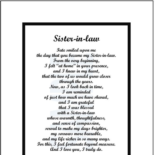 Sister In Law Poem, DIGITAL DOWNLOAD, Sister in law Gift Present Poem Verse Saying Print, Sister in laws 40th 50th 60th 70th 80th Birthday,