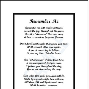 Remember Me, Memorial Poem, DIGITAL DOWNLOAD, Memorial Gift Print, Sympathy Gift Poem Print Verse, Expression of Sympathy, Remembrance Poem, image 1