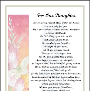 For Our Daughter,  DIGITAL DOWNLOAD, Daughter Poem Gift Present Verse Print  Graduation Birthday, Daughter's 18th 21st 25th 30th birthday,