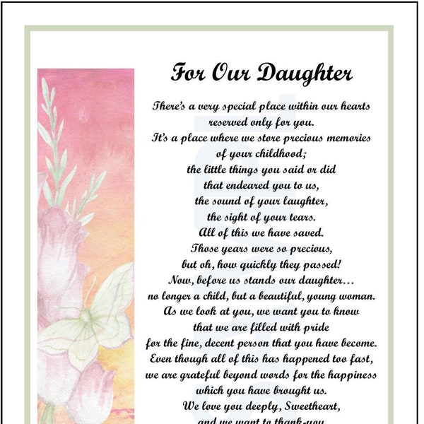 For Our Daughter,  DIGITAL DOWNLOAD, Daughter Poem Gift Present Verse Print  Graduation Birthday, Daughter's 18th 21st 25th 30th birthday,