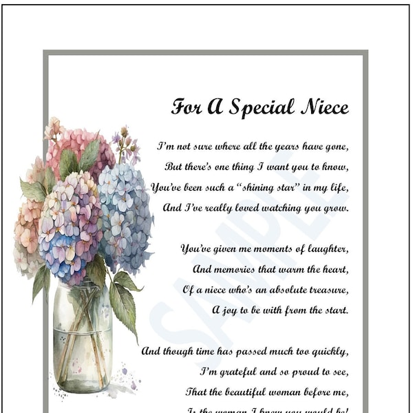 Poem For Special Niece, DIGITAL DOWNLOAD, Niece Print Verse Saying Gift Present Graduation, Niece 18th 21st 30th 40th birthday present gift,