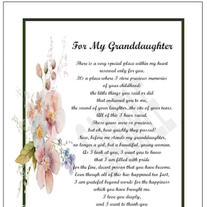 Granddaughter Poem From Grandmother, DIGITAL DOWNLOAD,Granddaughter 16th 18th 21st 30th Birthday, Granddaughter Graduation Poem Verse Print,