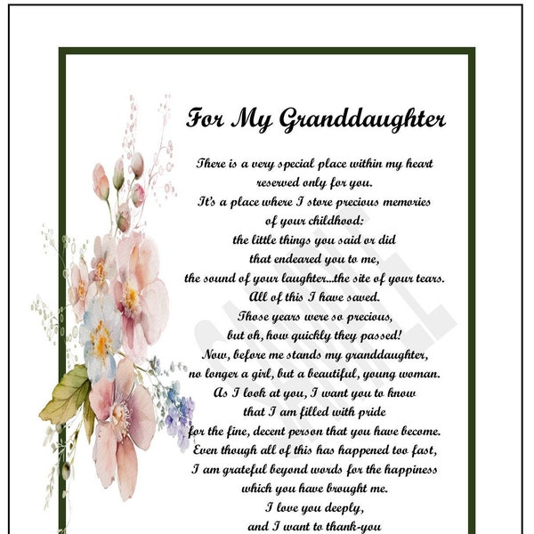 Granddaughter Poem From Grandmother, DIGITAL DOWNLOAD,Granddaughter 16th 18th 21st 30th Birthday, Granddaughter Graduation Poem Verse Print,