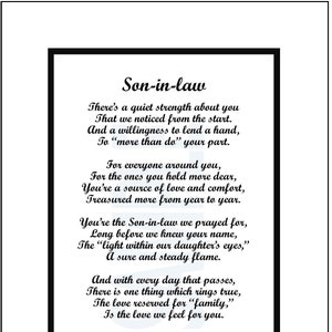 Poem For Our Son in law, DIGITAL DOWNLOAD, Best Son in law Gift Present Verse Poem Saying Print, Son in laws 30th 40th 50th 60th Birthday,