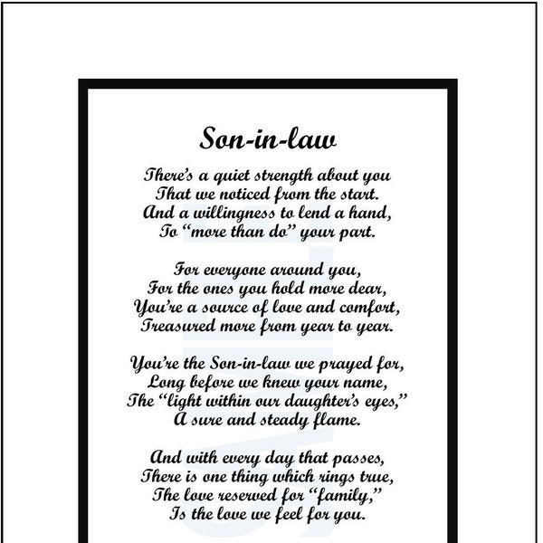 Poem For Our Son in law, DIGITAL DOWNLOAD, Best Son in law Gift Present Verse Poem Saying Print, Son in laws 30th 40th 50th 60th Birthday,