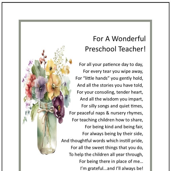 Preschool Teacher Poem, Preschool Teacher Gift Present Print Verse Saying, DIGITAL DOWNLOAD, End of the Year Gifts for Preschool Teachers,