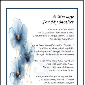 Mother's Day Poem For Mom , DIGITAL MOM DOWNLOAD, Mother Gift Print Verse thank You, Mother Poem, Mom Mother's 60th 65th 70th 80th Birthday,