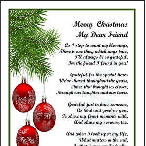 Merry Christmas Friend Poem, DIGITAL DOWNLOAD, Christmas Gift Present for Best Friend, Friend Gift Present Poem Verse Print, Friendship Gift