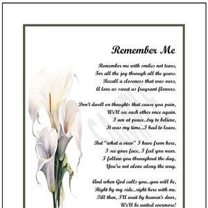 Remember Me ,  Bereavement Poem, Father Memorial, Loss of a Mother, Loss of a Father, Loss of a Wife, INSTANT DOWNLOAD, Mother Remembrance,