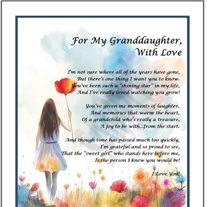 My Granddaughter Poem Gift. Granddaughter&#39;s 12th 13th 14th 15th 16th Birthday, Granddaughter&#39;s Graduation, Best Granddaughter Verse Print,