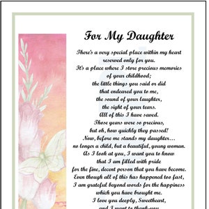 For My Daughter, DIGITAL DOWNLOAD, My Daughter Poem Verse Print Graduation Gift Present Saying 16th 18th 21st 30th 40th Birthday,