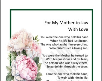 To Mother In Law from Bride,  DIGITAL DOWNLOAD, Mother in law Poem Print Verse Gift Present, Mother in law 60th 65th 70th 75th 80th Birthday