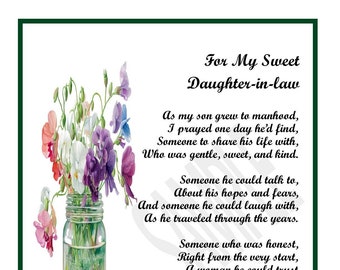Daughter In Law 30th 40th 50th Birthday,  DIGITAL DOWNLOAD, My Daughter in Law, Daughter in Law Poem Gift Present Verse, Bridal Shower Gift,
