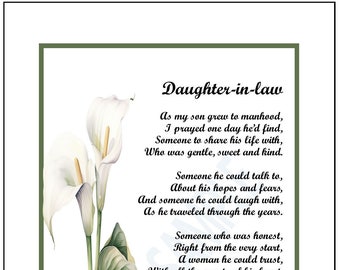 Daughter In Law Poem Print Verse Birthday Gift,  Digital Download, Poem For My Daughter in Law,  Bridal Shower Gift For Daughter-in-law,