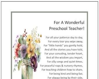 Preschool Teacher Poem, Preschool Teacher Gift Present Print Verse Saying, DIGITAL DOWNLOAD, End of the Year Gifts for Preschool Teachers,