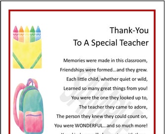 Teacher Thank You Poem, DIGITAL DOWNLOAD, Teacher Gift Present Print Verse, Teacher Appreciation, New Teacher Gift, Teacher Graduation Gift,