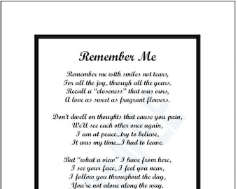 Remember Me, Memorial Poem, DIGITAL DOWNLOAD, Memorial Gift Print, Sympathy Gift Poem Print Verse, Expression of Sympathy, Remembrance Poem,