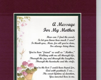 Mother Poem, Mom Verse Saying Print Gift Present, Mother's Day Poem, Mother's 60th 65th 70th 75th 80th 90th Birthday, Thanks Mother Mom,