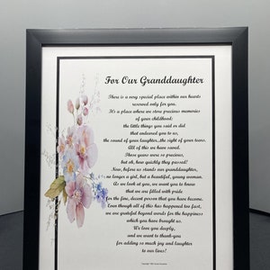 Framed Poem Print For Our Granddaughter, Granddaughter Graduation Or Christmas Gift Present, Granddaughter&#39;s 16th 18th 21st Birthday Gift,