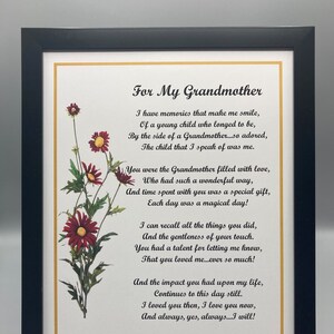 Framed Poem For My Grandmother, Grandmother Grandma Poem Verse  Print, Grandmother Grandma  60th 70th 75th 80th 90th Birthday,