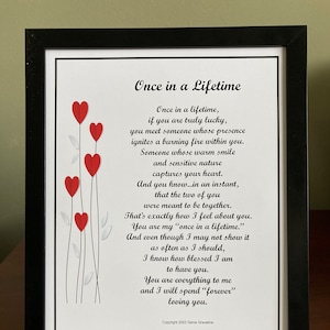 FRAMED Love Poem, Once In A Lifetime, Valentine Poem, Valentine Gift Husband, Valentine Poem For Boyfriend, Poem For Husband&#39;s 30th Birthday