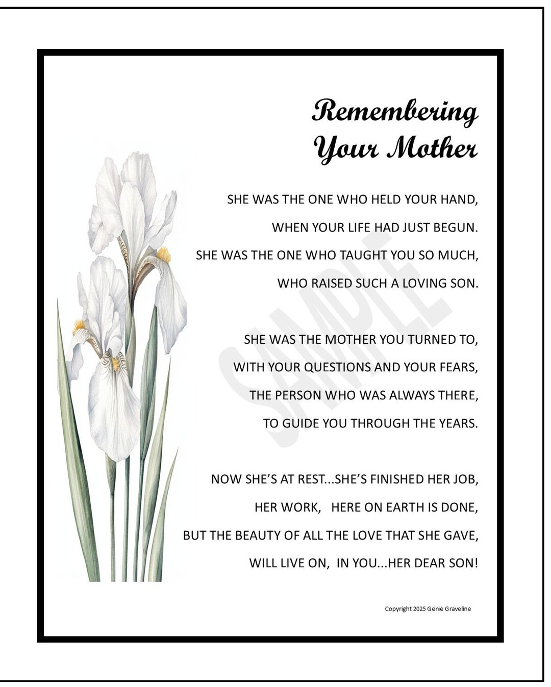 Loss of Mother Poem for Son, Mother Memorial Poem Print Digital Instant ...