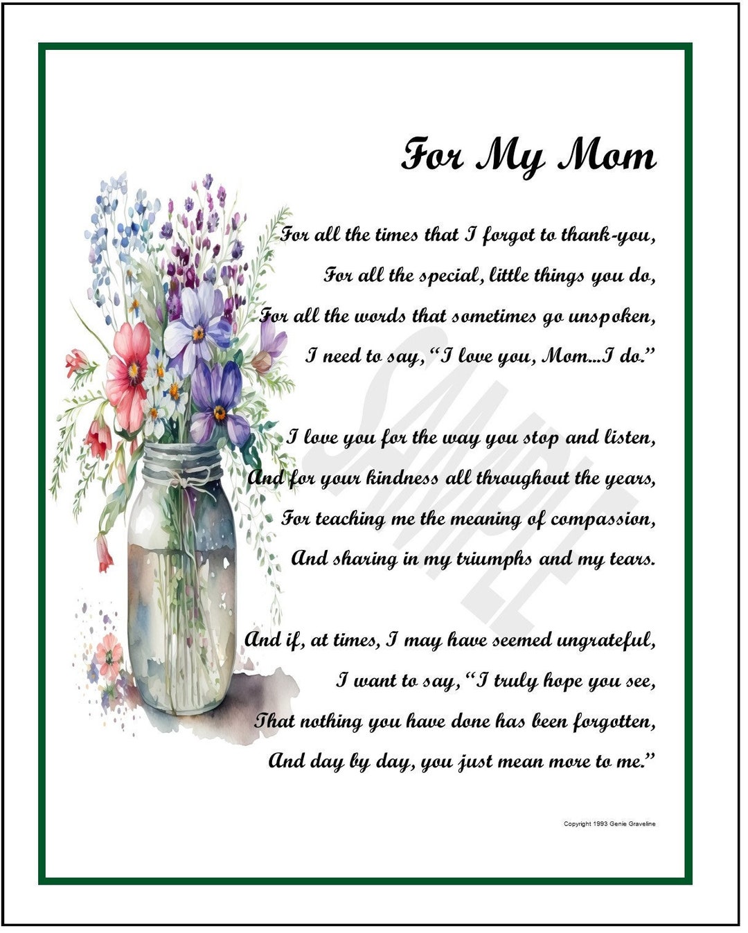 Poem for My Mom, DIGITAL DOWNLOAD, Perfect Mothers Day Gift, Mom Poem ...