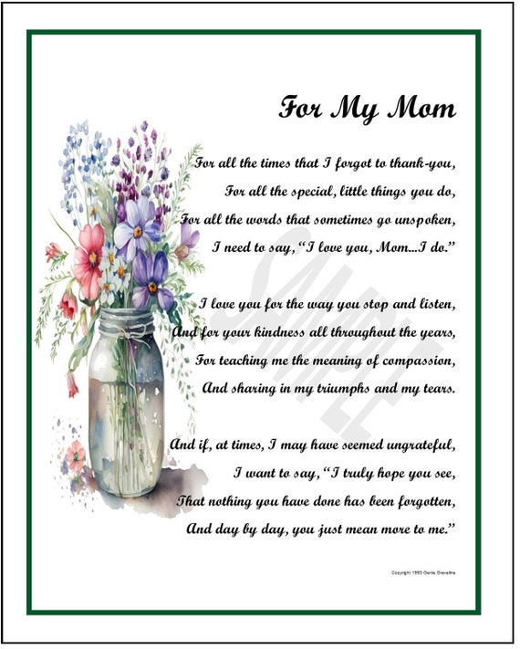 Poem For My Mom, DIGITAL DOWNLOAD, Perfect Mothers Day Gift, Mom Poem, Mom  Gifts, Mom Verse, Mom Print, Mother's Day Gift Present, Best Mom