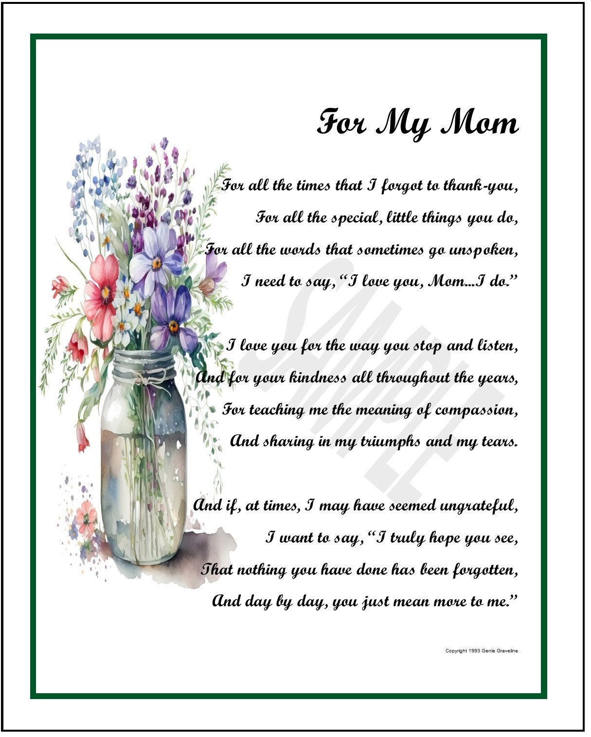 Poem for My Mom DIGITAL DOWNLOAD Perfect Mothers Day Gift Etsy