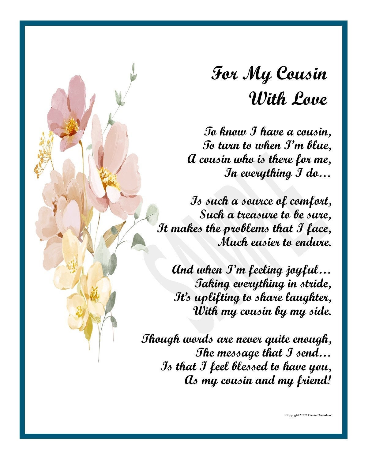 Cousin Poem Verse Saying Gift Present Print, DIGITAL DOWNLOAD, Cousin’s