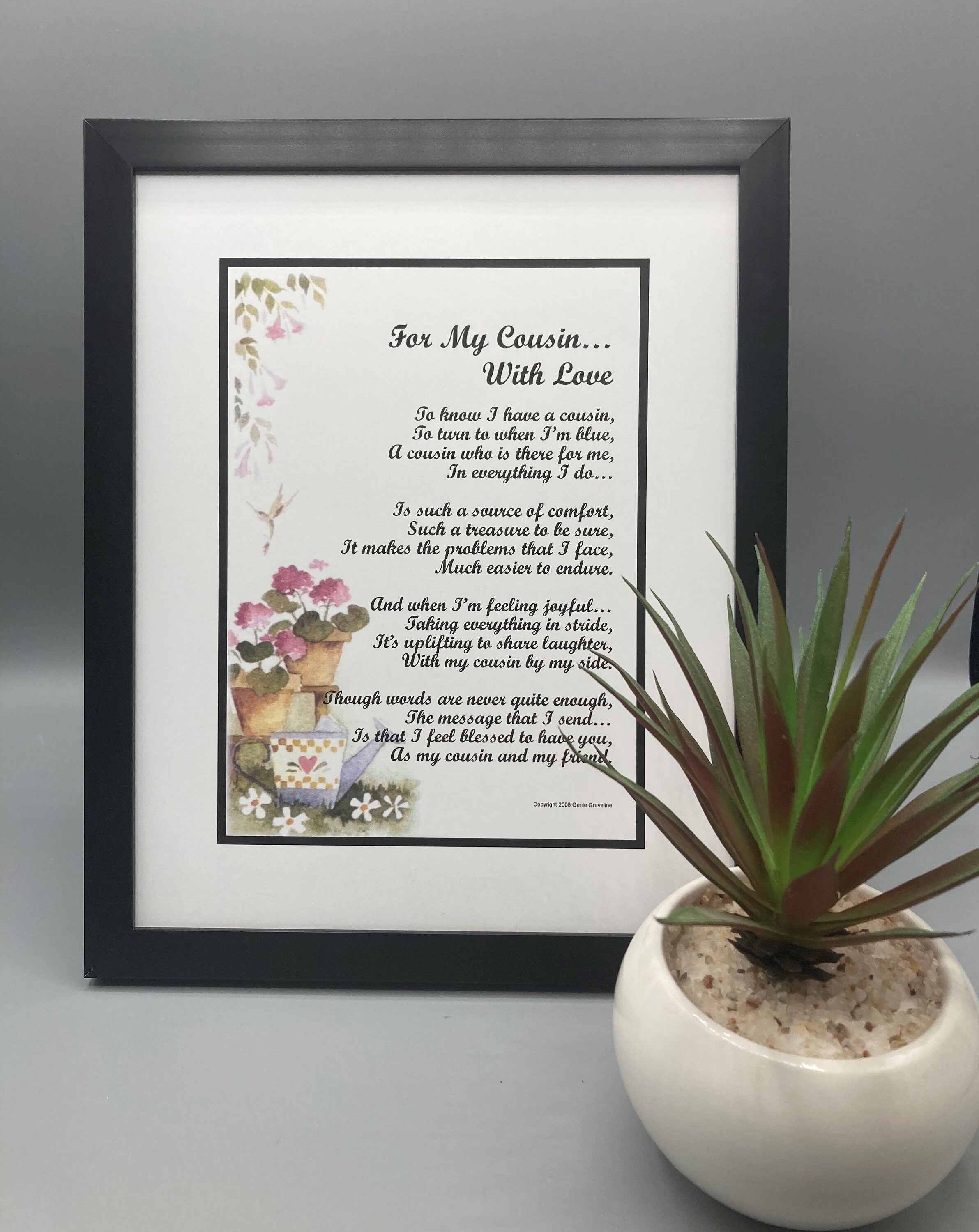 Framed 8x10 Poem for A Special Cousin Cousin Verse Cousin pic image