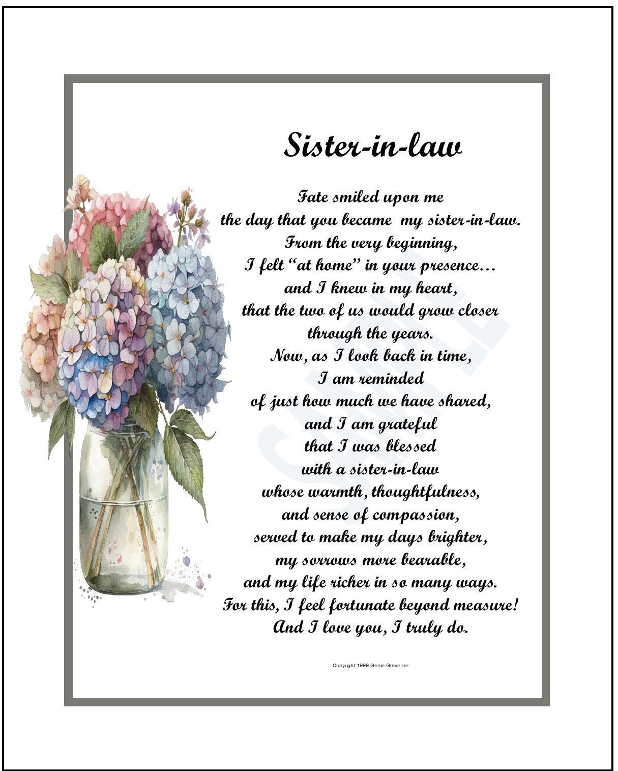 Sister- In- Law Poem Print Verse Saying Thank-you Gift Present, DIGITAL  DOWNLOAD, Sister- in- Law 40th 50th 60th 70th Birthday Present