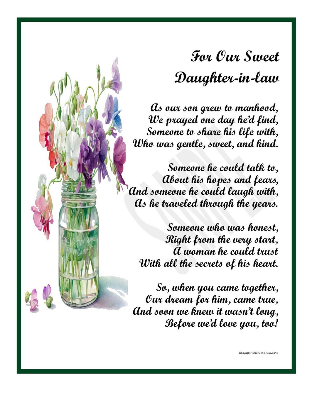 Our Daughter in Law, DIGITAL DOWNLOAD, Daughter in Law Poem Print