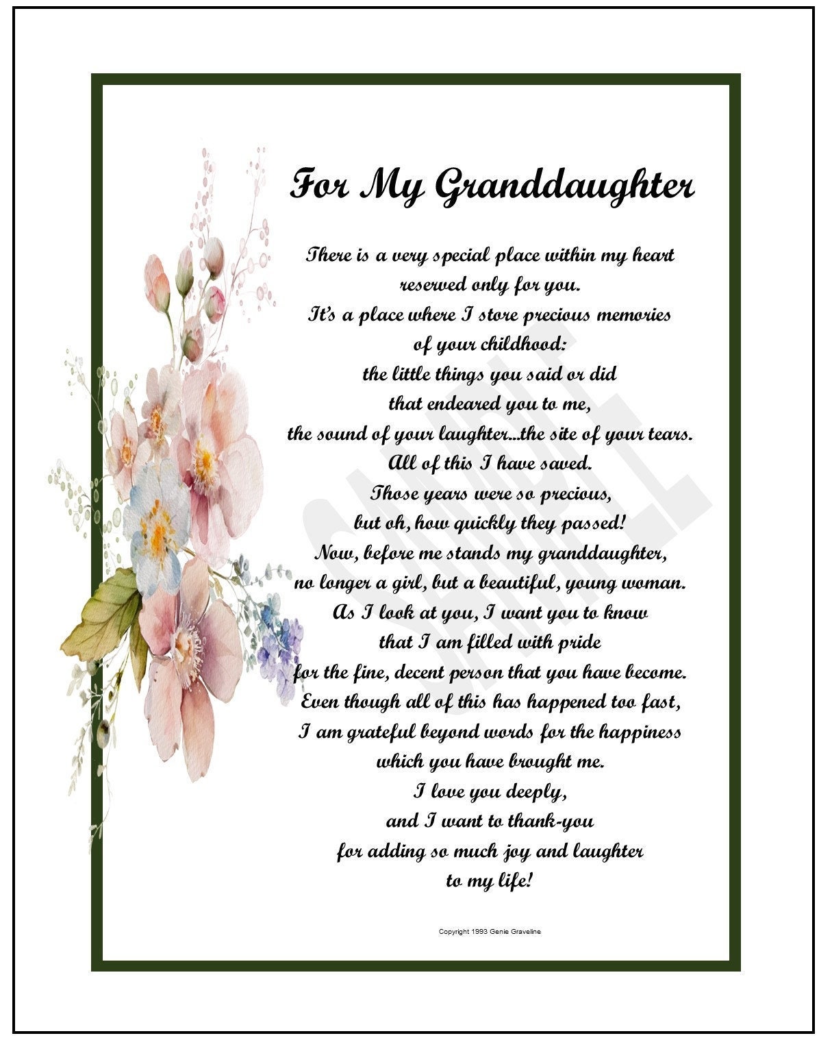 Granddaughter Poem From Grandmother, DIGITAL DOWNLOAD,Granddaughter 16th 18th 21st 30th Birthday, Granddaughter Graduation Poem Verse Print,