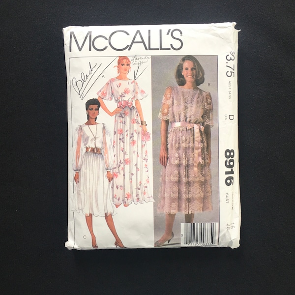 1984 Size 16 FORMAL Party DRESS Pattern, McCall's 8916; Pullover GOWN, Full Skirt, Ankle or Below Knee Length, Long or Short Sleeves