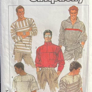 May include: Simplicity sewing pattern featuring various men's shirt designs. The pattern includes illustrations of different shirt styles, including striped and solid-colored options. The pattern number is 8410, size MD.