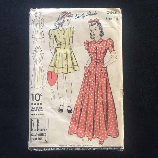 Size 14 1940 GIRLS DRESS Pattern, DuBarry 2496; Original 1940s Children's Pattern, Unprinted Pieces