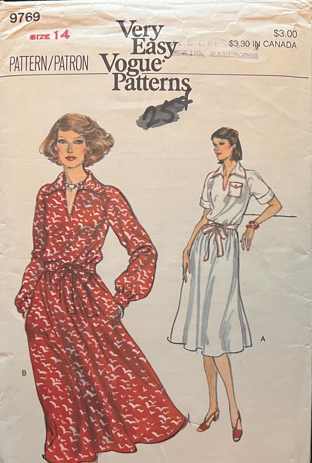 Pattern 9769 1970 Size 14, VOGUE 9769, DRESS Pattern; Short or Long Sleeves ...