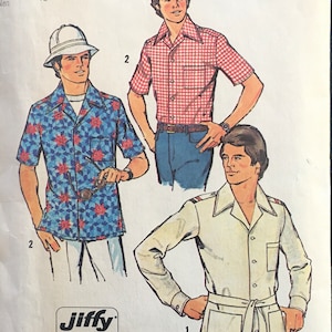 May include: Simplicity sewing pattern number 7362 for two shirts. The pattern includes instructions for a short-sleeved shirt with a plaid design and a long-sleeved shirt with a white collar and a belt.