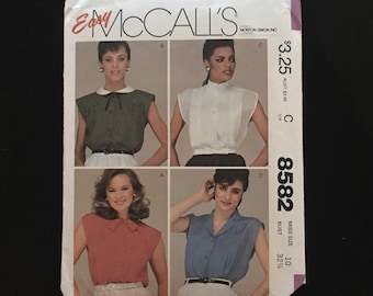 1983 Size 10 SLEEVELESS BLOUSE Pattern; EASY McCall’s 8582; Button Front, Extended Shoulders, Collar Variations