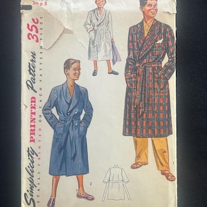 May include: Vintage Simplicity pattern for a robe, featuring illustrations of the garment in different styles. The pattern includes the text "Simplicity Printed Pattern 35c" and "Size 8". The illustrations show a blue, white, and plaid robe.