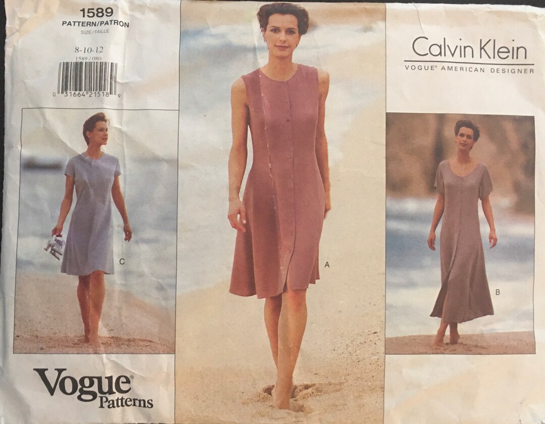 1990s Sizes 8-10-12 UNCUT Vogue 1589, CALVIN KLEIN Easy Dress Designer ...