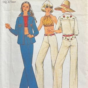 May include: Simplicity sewing pattern 6400 featuring three 1970s outfits: a denim pantsuit, a halter top and pants ensemble, and a white shirt and pants set with floral embroidery. Size 7/8, Bust 29 inches.