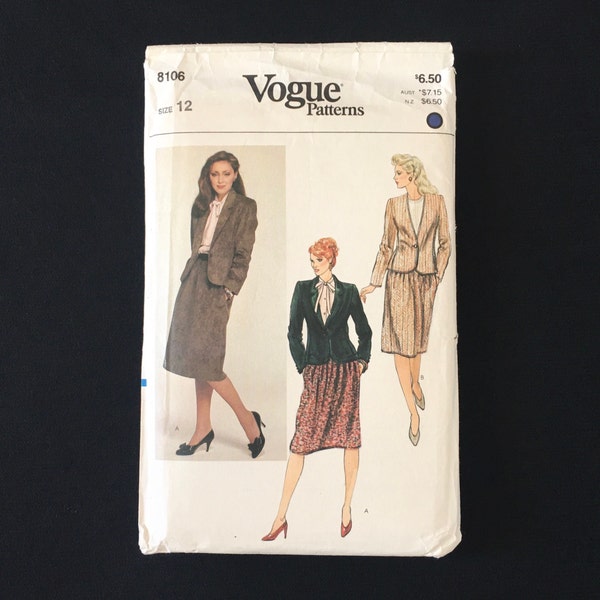 1980s Size 12 SUIT Pattern, Vogue 8106; V-Neck or Notched Collar, Front Buttoned Jacket and Straight, Gathered Skirt