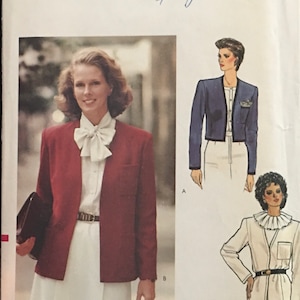 May include: Vogue Patterns sewing pattern number 8573, size 10C, for a blazer and skirt. The pattern is designed by Arlene Dahl. The image shows three different styles of the blazer and skirt.