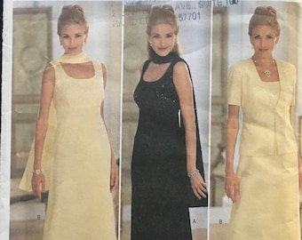 2001 Sizes 8-10-12 UNCUT Butterick 5878; Formal Dress, Evening Length, with Jacket and Scarf; A Donna Ricco Design